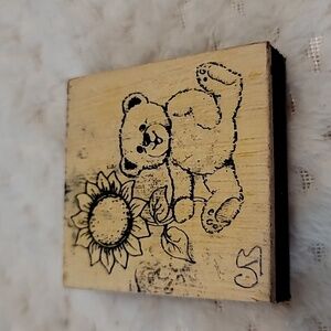 Teddy Bear With Sunflower Wooden Rubber Stamp